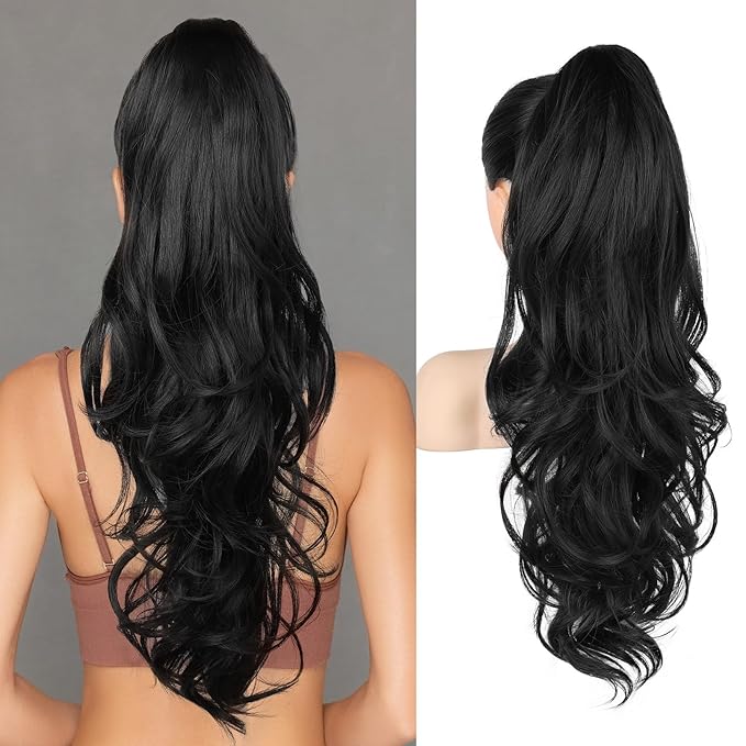 Flufymooz 26" Ponytail Extension, Long Wavy Curly Claw Clip in Ponytail Hair Extensions, Natural Synthetic Hairpiece for Women Daily Wear(Natural Black)