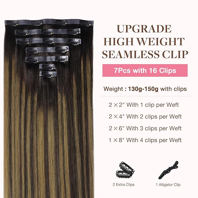 GOO GOO Clip in Hair Extensions Real Human Hair, Remy Human Hair Extensions Clip ins for Women, Natural Human Hair, 22inch 160g 7Pcs, #2/6/2 Balayage Dark Brown to Chestnut Brown