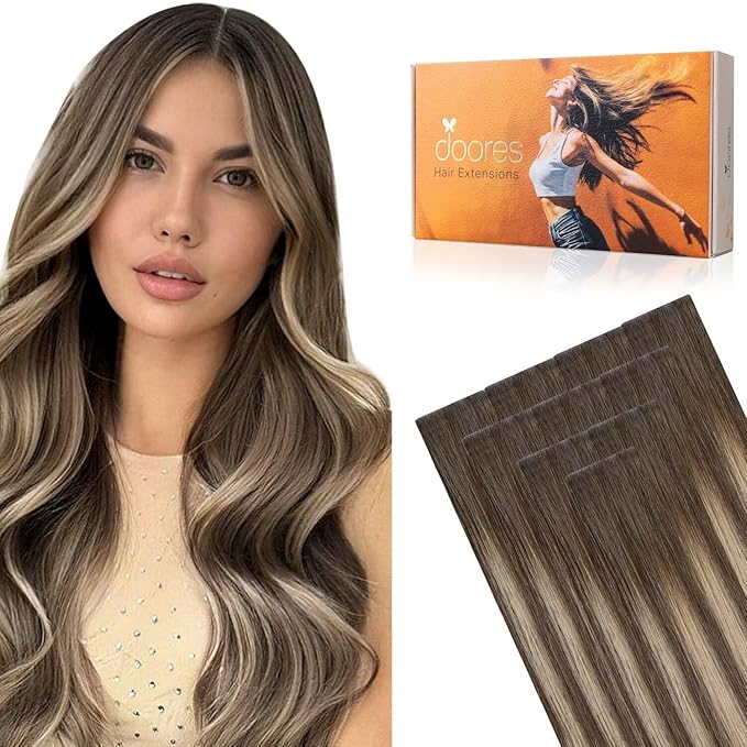 DOORES Invisi Edge Tape in Extensions Real Human Hair, Chocolate Brown to Honey Blonde 10pcs Injection Tapeins, 25g 18 Inch, Injected Tape in Virgin Human Hair Extension