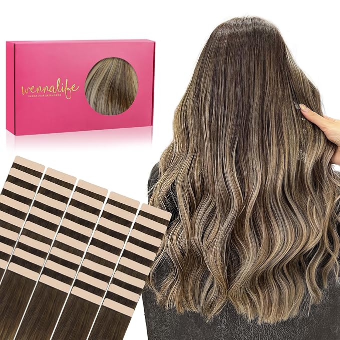 WENNALIFE Tape in Hair Extensions Human Hair, 40pcs 80g 12 inch Balayage Chocolate Brown to Honey Blonde Hair Extensions Real Human Hair Straight Tape in Extensions Reusable Real Hair Extensions