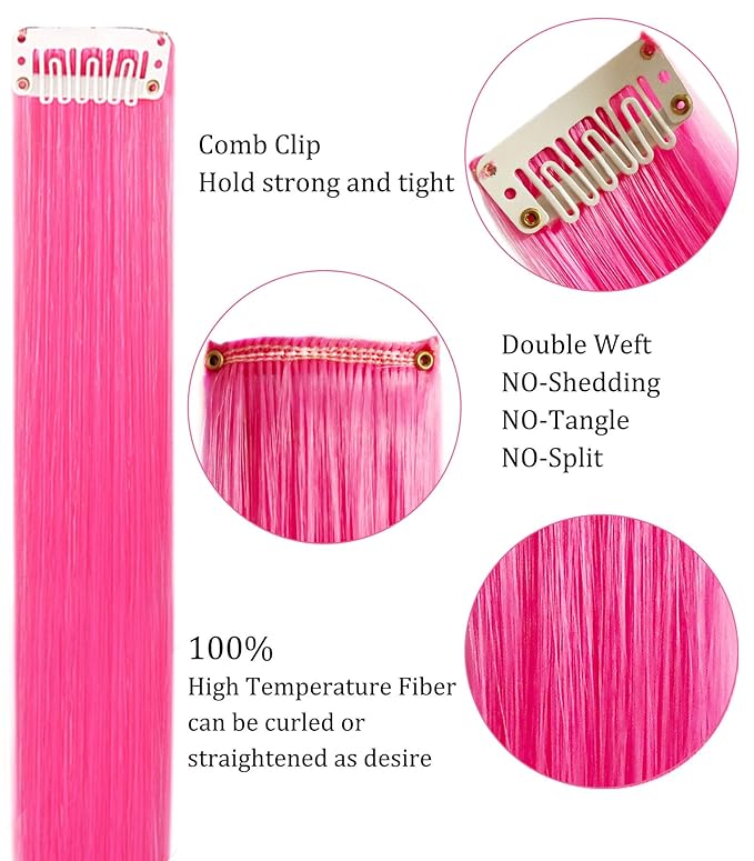 10PCS 20Inch Pink Hair Extensions for Girls Wig Pieces Clip in Coloured Hair Extensions for Women Colorful Hairpieces Party Highlights Synthetic Multiple Colors