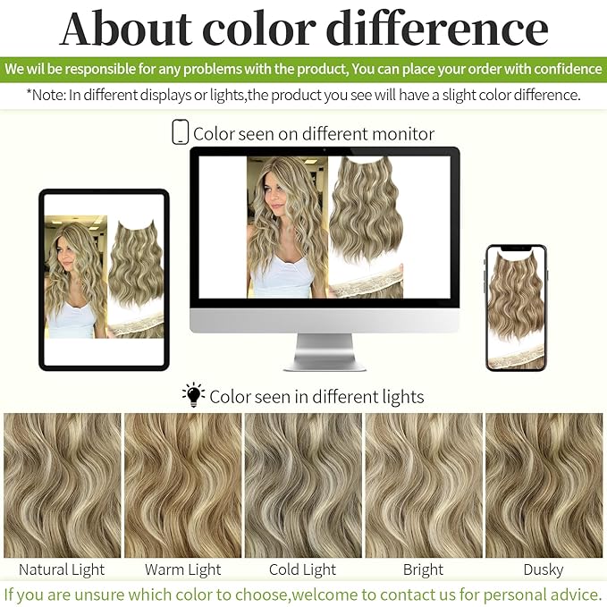 KooKaStyle Invisible Wire Hair Extensions with Transparent Headband Adjustable Size 4 Secure Clips Long Wavy Secret Wire Hairpiece 10H24#Dirty Blonde Mixed Bleach Blonde 16 Inch for Women