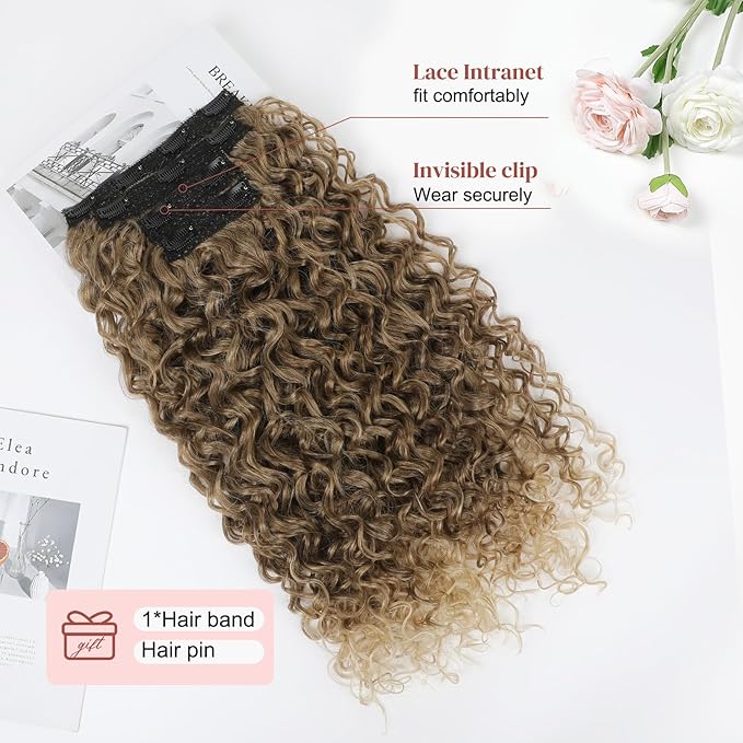 LONAI 4PC Clip in Hair Extensions, 100％ Pure Protein Silk Curly Hair Extension for Women, 26 Inch Long Soft Natural Hair Extensions-Dark Blonde to Light Brown
