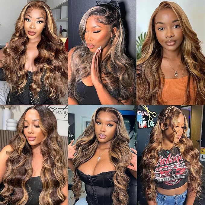 Body Wave Lace Front Wig 4/27 Honey Blonde Highlight Ombre Pre plucked Bleached Knots 13x4 Full Frontal Lace Wig Human Hair Skinlike HD Lace Invisible 0.10mm Ultra-Thin 100% Real Human Hair