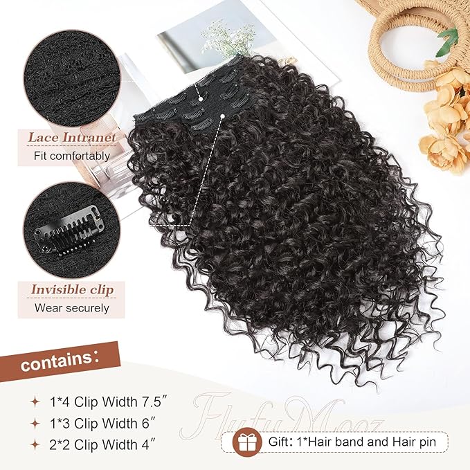 Clip in Hair Extensions, FLUFYMOOZ 4PC 100％ Pure Protein Silk Hair Extensions Long Soft Natural Hairpiece 20 Inch Curly Hair Extension for Women (Dark Chocolate Brown)