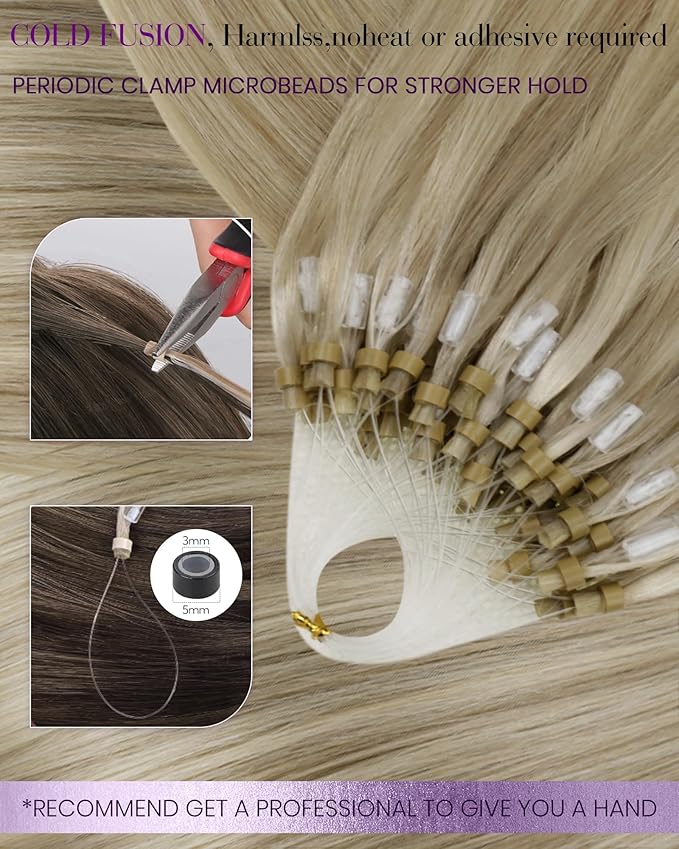 LaaVoo Micro Link Hair Extensions Human Hair Golden Blonde Highlights Light Blonde Micro Ring Hair Extensions Human Hair 16in 50g 50s