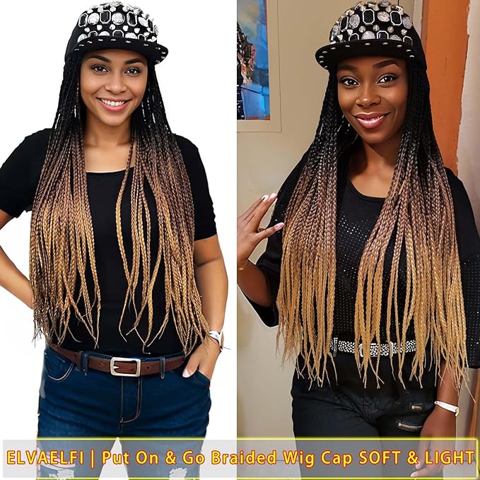 24inch Box Braid Hair Extensions Ombre Brown, Punk Studs Flat Baseball Cap Wigs for Women Girls Easy Wear