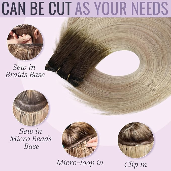 Fshine Hand Tied Weft Hair Extensions 16 Inch Ombre Hair Sew in Dark Brown Fading to Ash Brown and Blonde Weft Hair Extensions Real Human Hair Full Head 100 Gram