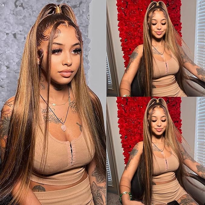 13x4 Highlight Lace Front Wigs Human Hair 4/27 Honey Blonde Lace Front Wig Human Hair 200% Density HD Transparent Ombre Lace Frontal Wigs Pre Plucked(24inch,4/27 13X4)