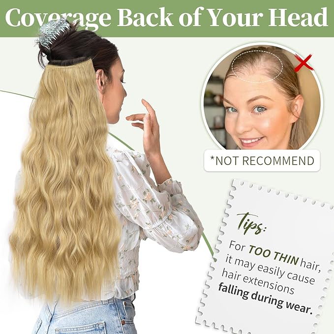 KooKaStyle Invisible Wire Hair Extensions with Transparent Wire Adjustable Size Long Wavy Synthetic Hairpiece 15/613#Golden Blonde 24 Inch with 4 Secure Clips for Women