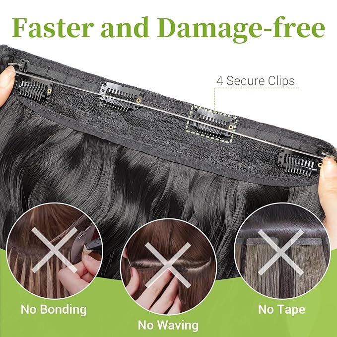 KooKaStyle Invisible Wire Hair Extensions with Transparent Headband Adjustable Size 4 Secure Clips Black Long Wavy Hairpiece 20 Inch for Women