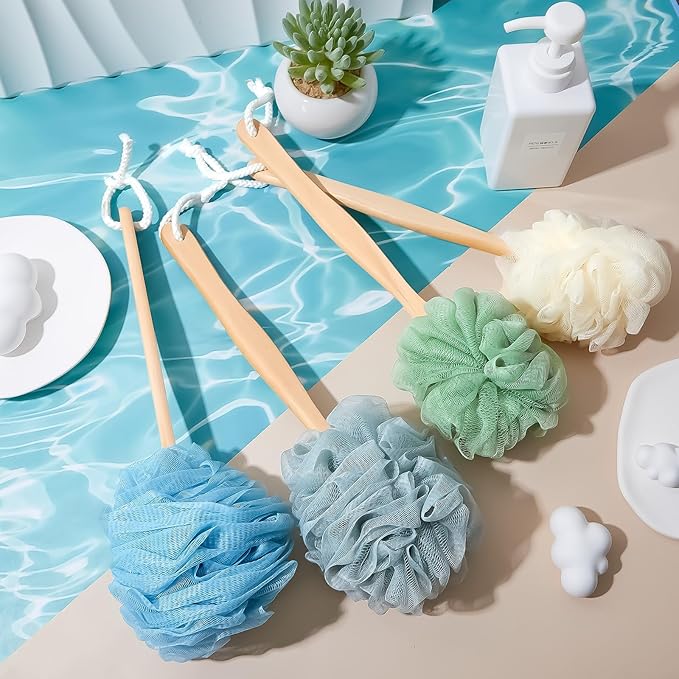 LemonRoad 16 Pcs Large Bath Body Back Brush Loofah on a Stick with Long Handle Back Scrubber for Shower PE Body Bath Sponge Soft Spa Mesh Brush Wash Exfoliating Luffas for Men Women