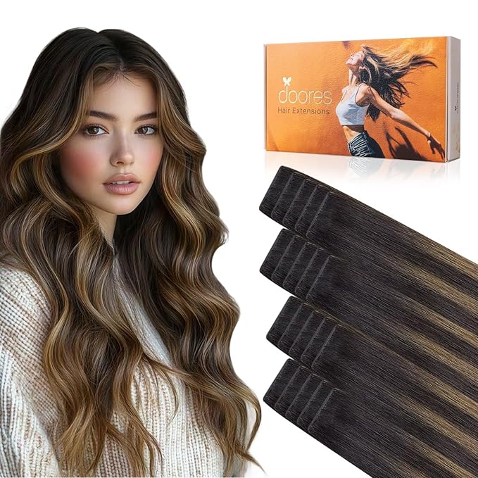 DOORES Invisible Tape in Hair Extensions Real Human Hair Invisi Edge, Dark Brown to Chestnut Brown 10 Injection Tape-ins with 10 Injection Tape-ins 50g 22 Inch, Tape in Human