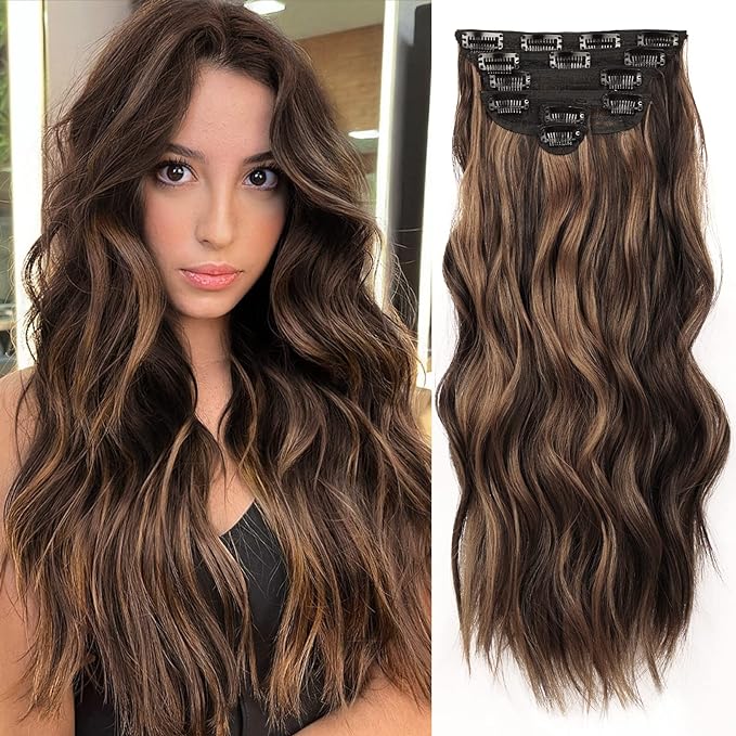 NAYOO Clip in Hair Extensions for Women 20 Inch Long Wavy Curly Dark Brown Mix Chestnut Hairpieces Full Head Synthetic Hair Hairpieces (6PCS, Dark Brown Mix Chestnut)