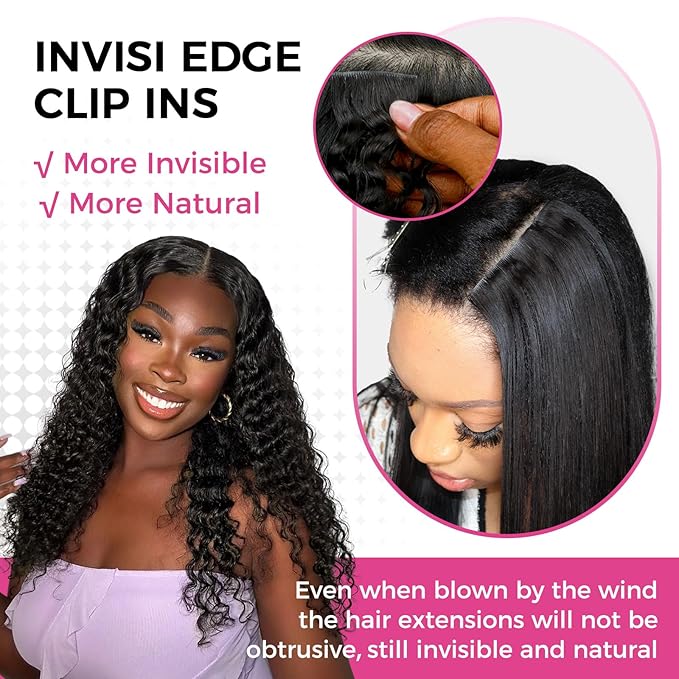Lashey Invisi Edge Clip in Hair Extensions 14 Inch 110g 7pcs Injected Seamless PU Clip in Hair Extensions Virgin Human Hair, Natural Black Kinky Curly Hair