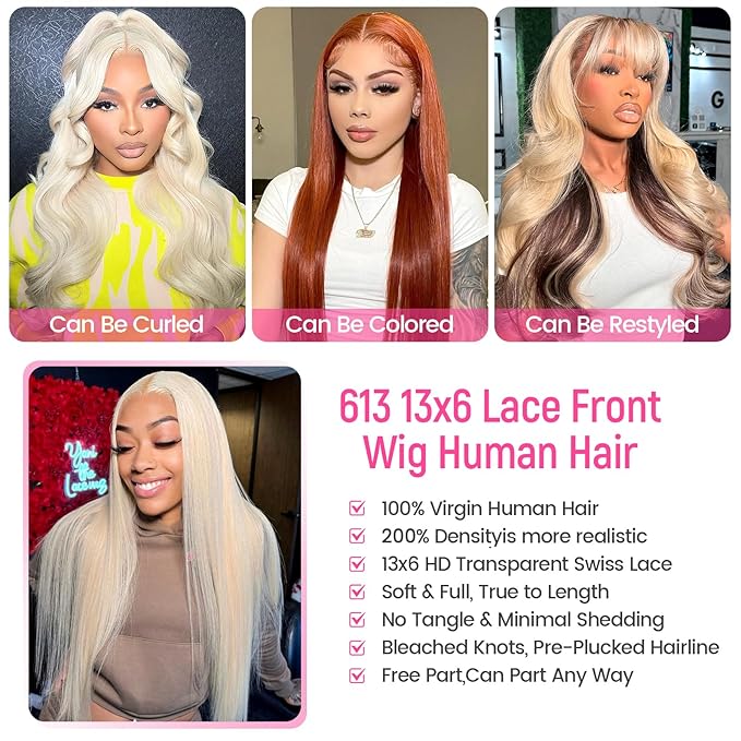 613 Lace Front Wig Human Hair 200 Density 13x6 Blonde Wig Human Hair 613 Straight HD Lace Front Wigs Human Hair Pre Plucked Blonde Wig for Women (32inch)