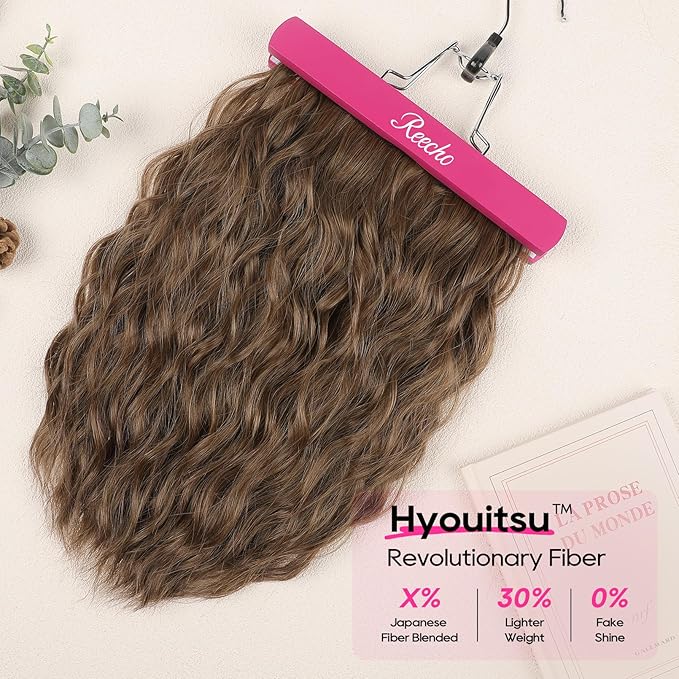 REECHO Clip in Hair Extensions, 4PCS Hair Extensions 14" Short Wavy Invisible Lace Weft Natural Soft Hairpieces for Women – Light Brown