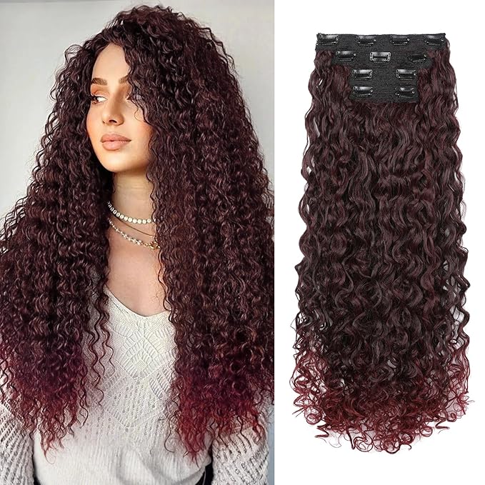 LONAI 4PC Clip in Hair Extensions, 100％ Pure Protein Silk Curly Hair Extension for Women, 26 Inch Long Soft Natural Hair Extensions-Wine Red