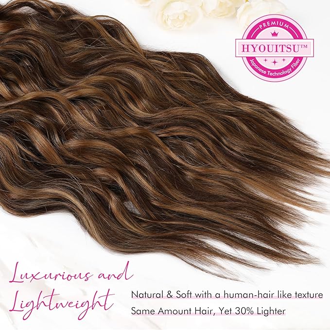 REECHO Clip in Hair Extensions, 4PCS BHair Extensions 24" Thick Long Beach Waves hair extensions HE003 Invisible Lace Weft – Chocolate Brown with Golden Highlights