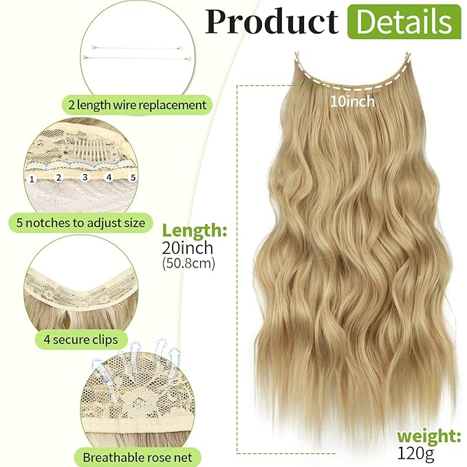 KooKaStyle Invisible Wire Hair Extensions with Transparent Wire Adjustable Size Long Wavy Synthetic Hairpiece Golden Blonde 20 Inch with 4 Secure Clips for Women