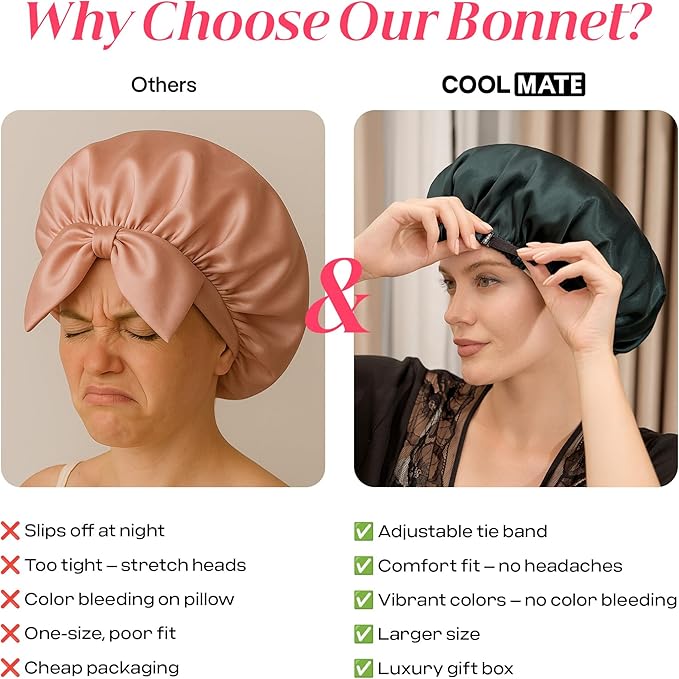 CoolMate Adjustable Satin Silk Bonnet for Sleeping Women, Tie Double Lined Silk Bonnet for Women Long Hair
