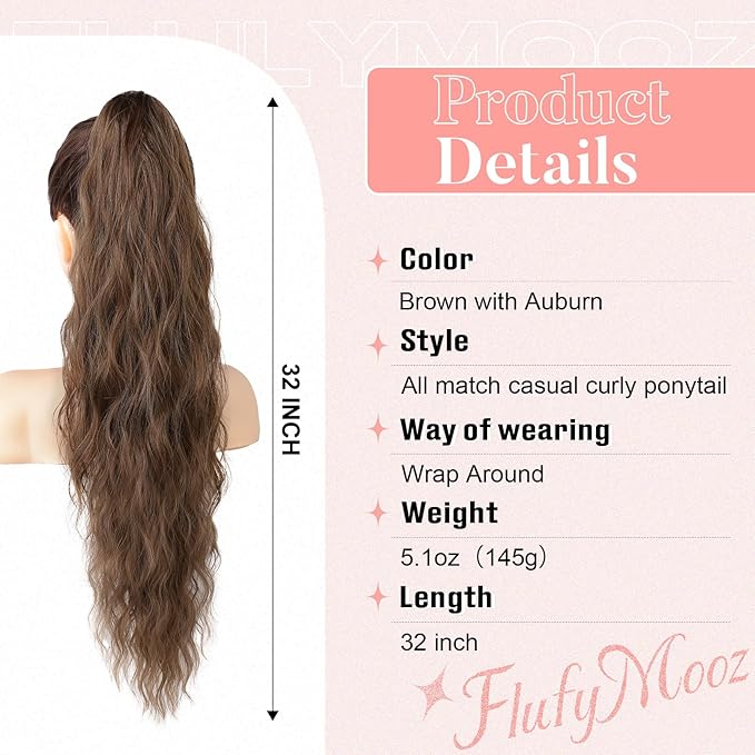 Flufymooz Ponytail Extension, Flexible Wrap Around Ponytail Extension Long Wavy Curly Ponytail Hair Extensions Natural pony tail Synthetic Hairpiece for Women 32 Inch (Brown with Auburn)