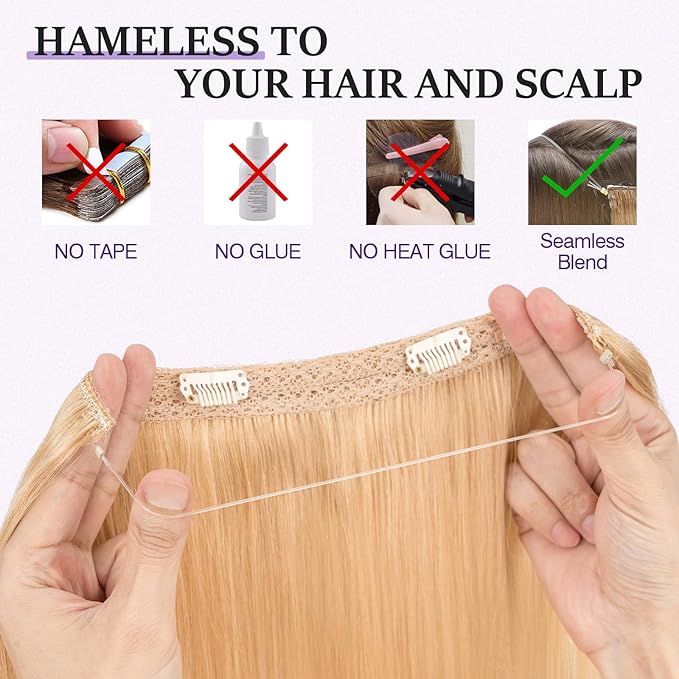 Halo Hair Extensions Real Human Hair,Halo Hair Extension 100% Human Hair, Wire Hair Extensions,Straight 24 Honey Blonde 14inch/60g