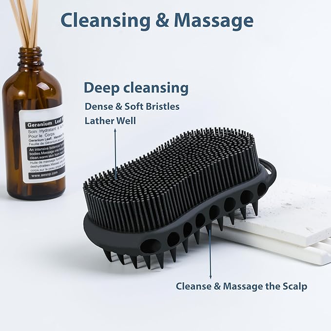 MtBoi Double-Sided Exfoliating Silicone Body Scrubber, 2-in-1 Bath Scrubber, Shampoo Brush, Silicone Loofah for All Skin Types, Shower Body Scrubber, Easy to Clean, Lather Well (Black)