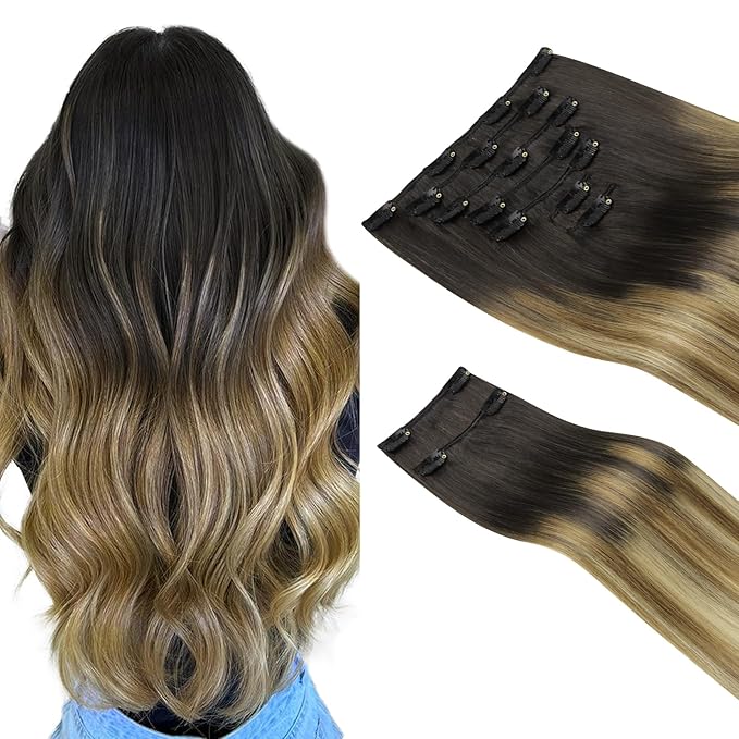HOTBANANA Clip in Hair Extensions Real Human Hair, 135g 9pcs 14 inch Balayage Ombre Brown to Dirty Blonde Straight Remy Clip in Extensions Full Head for Women