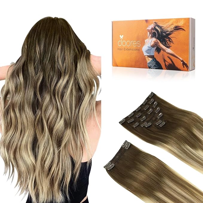 DOORES Hair Extensions Clip in Human Hair, Balayage Walnut Brown to Ash Brown and Bleach Blonde 150g 9pcs 14 Inch, Remy Human Hair Extensions Clip in Real Hair Extensions Natural Straight