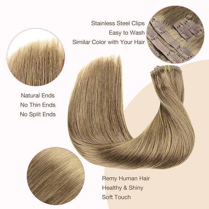 GOO GOO Clip in Hair Extensions Real Human Hair, Remy Human Hair Extensions Clip ins for Women, Natural Human Hair, 24inch 120g 7Pcs, 7 Bronde