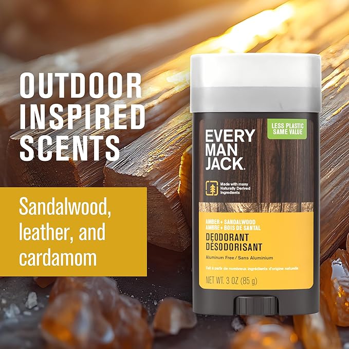 Every Man Jack Amber + Sandalwood Men’s Deodorant - Stay Fresh with Aluminum Free Deodorant For all Skin Types - Odor Crushing, Long Lasting, with Naturally Derived Ingredients - 3oz (4 Pack)
