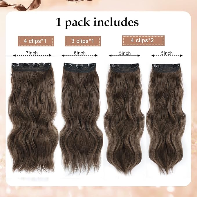 Long Wavy Clip in Synthetic Hair Extension Chestnut Brown 4pc Thick Hairpieces Double Weft Natural Hair Extensions 20inch for women(20INCH, 8/10)