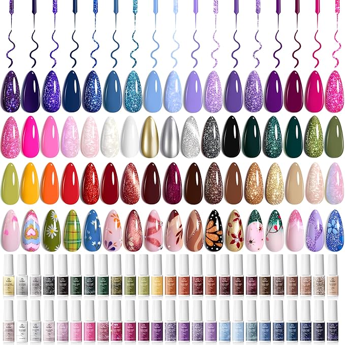 Beetles Christmas Gel Liner Nail Polish Set 50 Colors Winter French Tip Nail Art Polish Glitter Brown Purple Blue Gel Nails White Pink Swirl Nails Painted Cat Eye Build in Thin Brush Gift for Women