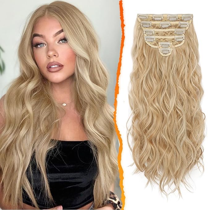 BARSDAR Honey Blonde Clip in Hair Extensions - 20 Inch 6PCs Full Head Beach Wavy Clip in Hair Extensions for Women - Voluminous Thick Soft Synthetic Hairpieces Daily Party Halloween- Honey Blonde Mix