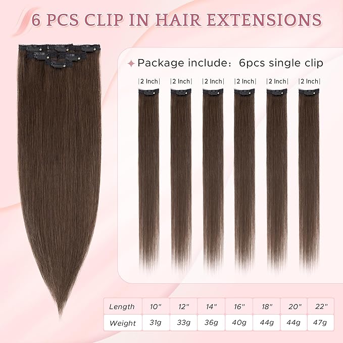 SEGO Clip In Short Hair Extensions Real Human Hair Single 6 Pcs Individual Clip Ins Remy Straight Soft Seamless Hairpieces for Women -12 Inch #02R Dark Brown