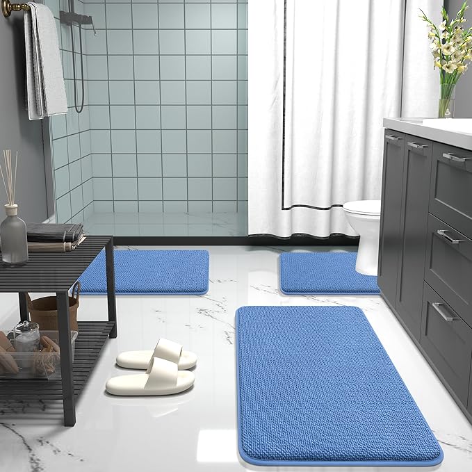 OLANLY Thick Memory Foam Bath Mat Rug 24x16, Extra Soft Absorbent Bathroom Rug, Quick Dry Bath Mat, Non-Slip, Machine Washable Carpet for Floor, Tub and Shower, Home Decor Accessories, Cornflower Blue