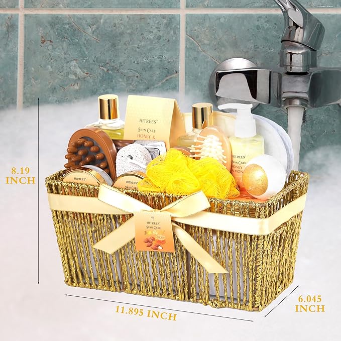 Bath Gift Basket Set, Spa Kit Gifts for Women Men, 18 Pc Almond Milk & Honey Large Spa Gift Basket Luxury Bath Set Relaxing Self Care Pampering Gifts for Birthday, Christmas, Mothers Day Gift Baskets