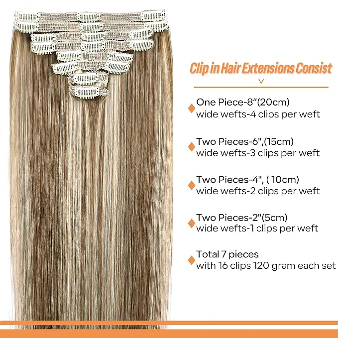 Straight Clip In Hair Extensions Real Human Hair 8Pcs Clip In Balayage Chestnut Brown Highlight Blonde Human Hair Extensions with 18Clips Lace Weft 120g 18inch