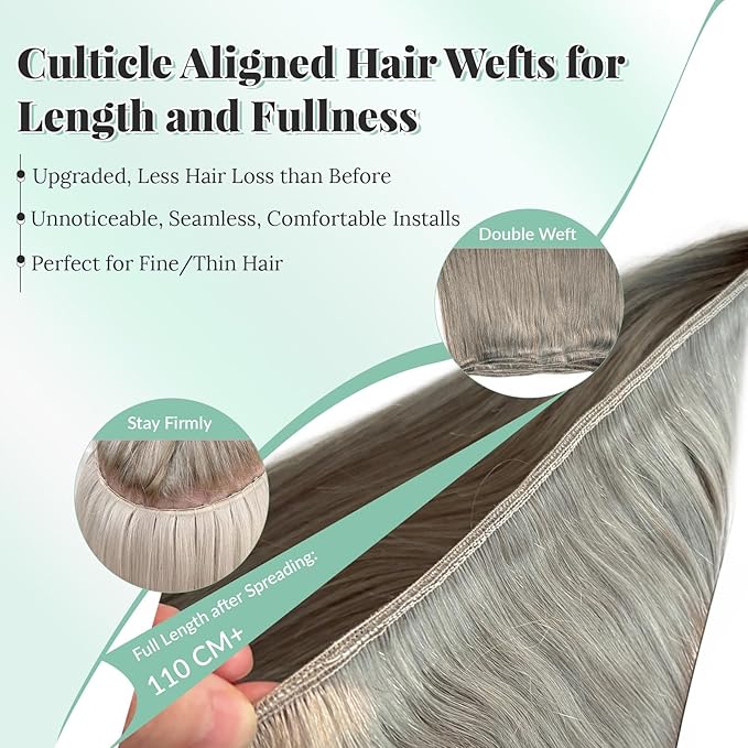 Gray Weft Hair Extensions Real Human Hair, 22 Inch 120G Silky Soft Silver Grey Sew in Hair Extensions Human Hair Bundles Double Weft Straight Grey Hair Weave Sew in Extensions for Women