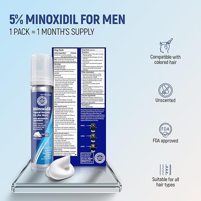 Minoxidil topical aerosol foam, 5%, hair regrowth 2 months treatment for men, 2.11 oz (2 Pack)