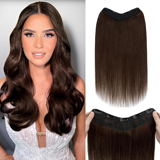 Benehair One Piece Clip in Hair Extensions Real Human Hair 3/4 Full Head V Shaped Weft Thicker Hair Lace Net One Piece Hair Extensions with 5 Clips (20"-70g #4 Medium Brown)