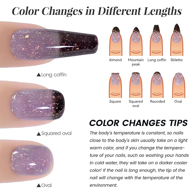YTD Likomey Brocade Glitter Color Changing Gel Nail Polish,15ml Grayish Purple To Black Shimmer Mood Temperature Change Colors Iridescent Flakes,Fall Winter Ombre Thermal UV Gel,WB348