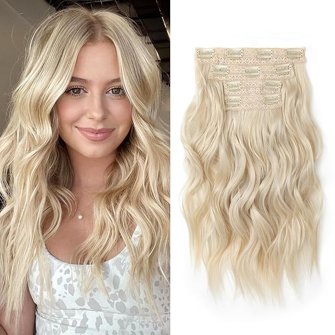 Hair Extensions, 14" Short Clip in Hair Extensions 4PCS Beach Wave Blonde Natural Soft Synthetic Hairpiece for Women - Light Blonde