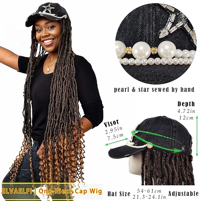 36" Nu Locs Crochet Hair Curly Ends Gradient Brown, Pearl Baseball Cap Wigs for Women Girls Easy Styling