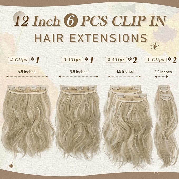 BARSDAR Gray Blonde Hair Extensions - 12 Inch Short Wavy Clip in for Women - 6PCs Full Head Thick Synthetic Hairpieces for Daily Party - With Highlights