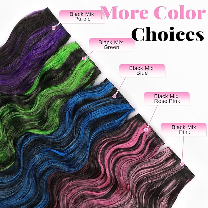 ALXNAN Clip in Long Wavy Synthetic Hair Extension 20 Inch Black Mix Purple Highlights 4PCS Thick Hairpieces Fiber Double Weft Hair for Women