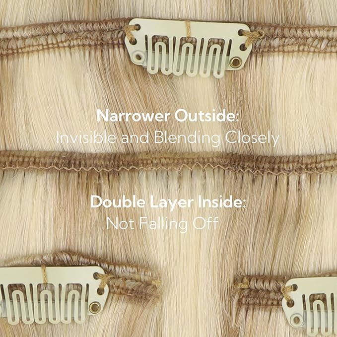 HOTBANANA Real Human Hair Clip in Hair Extensions, 5Pcs 60g 14 Inch Dirty Blonde Mixed Bleach Blonde Straight Remy Clip in Extensions