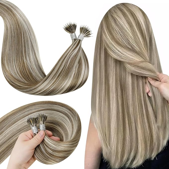 LaaVoo Nano Ring Hair Extensions Brown Highlight Nano Bead Hair Extensions Highlight Light Brown to Golden Brown Nano Extensions Human Hair 18in 50g 50s