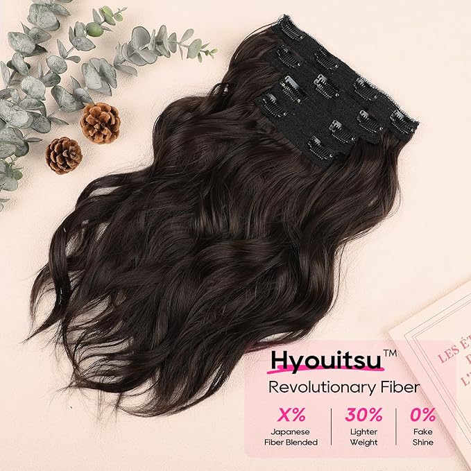REECHO Clip in Hair Extensions - 14" Short Beach Wavy Hairpieces - Invisible Lace Weft - Natural Soft - Dark Brown